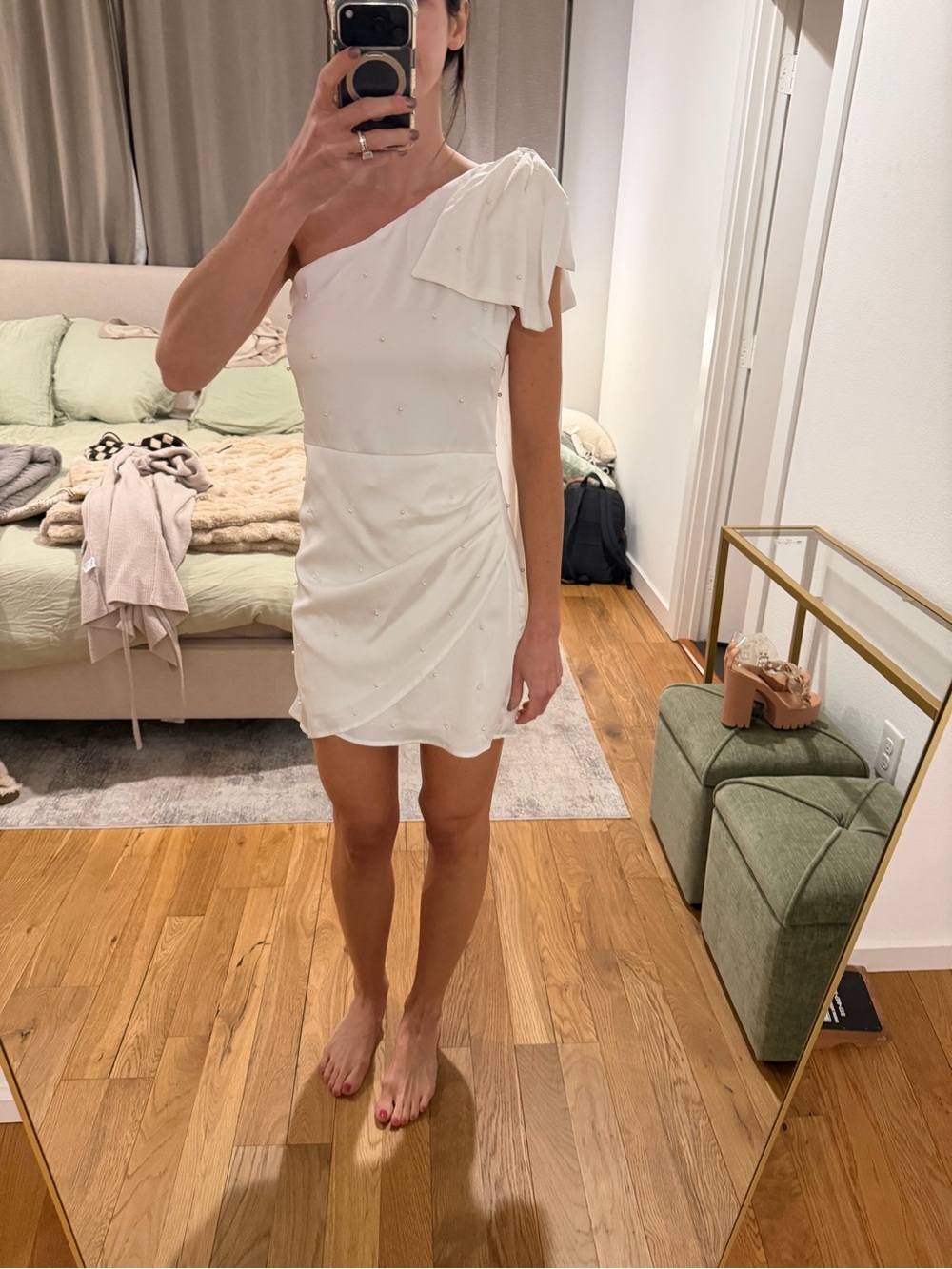 TCEC White One-Shoulder Mini Dress with Pearl Details